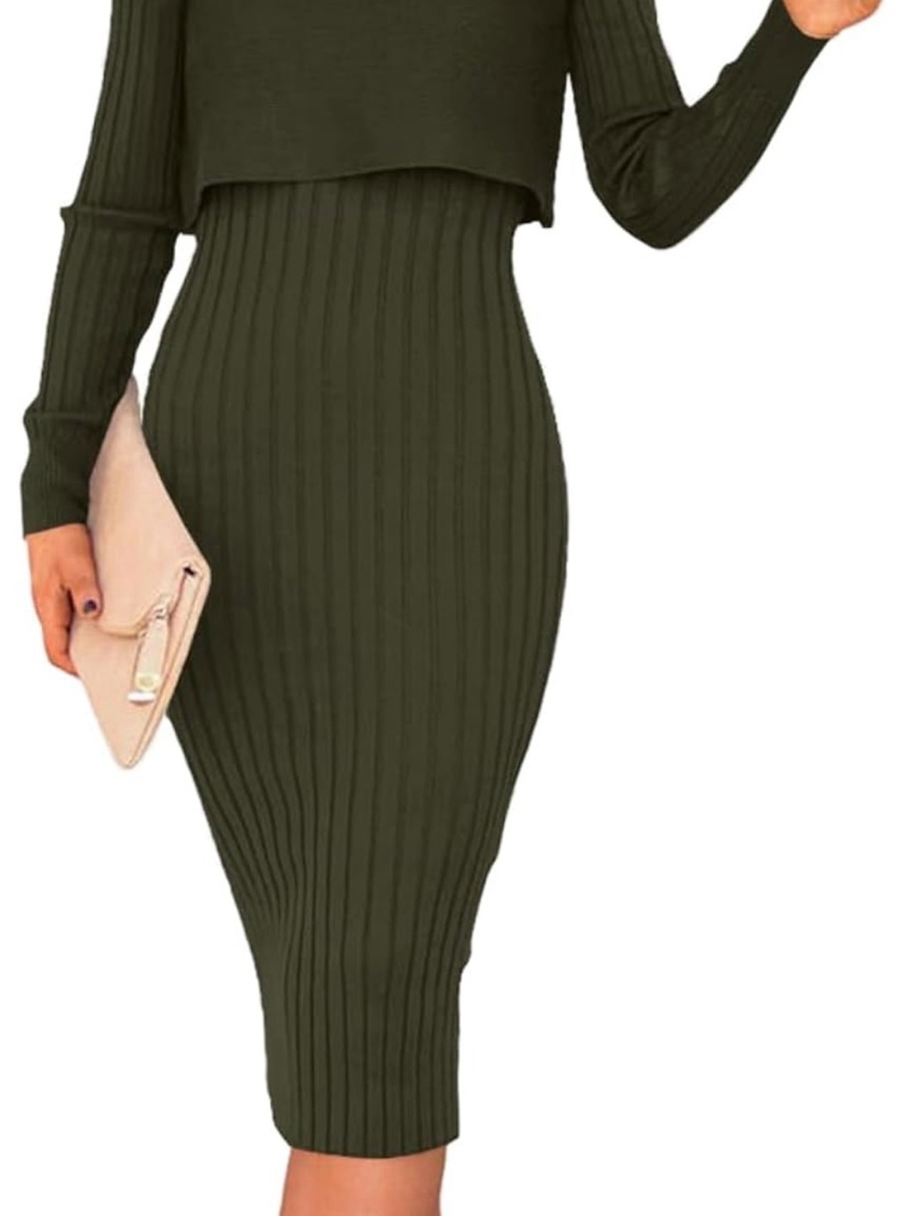 Women’s Olive Green Ribbed Midi Dress with Long Sleeves